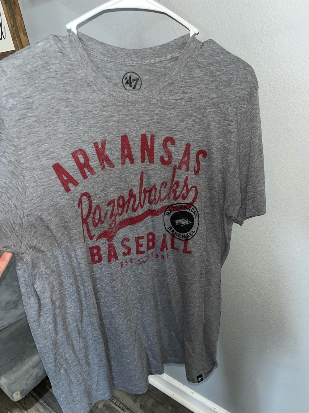 47 Brand Arkansas Razorbacks Grey and Red Baseball Tee Shirt